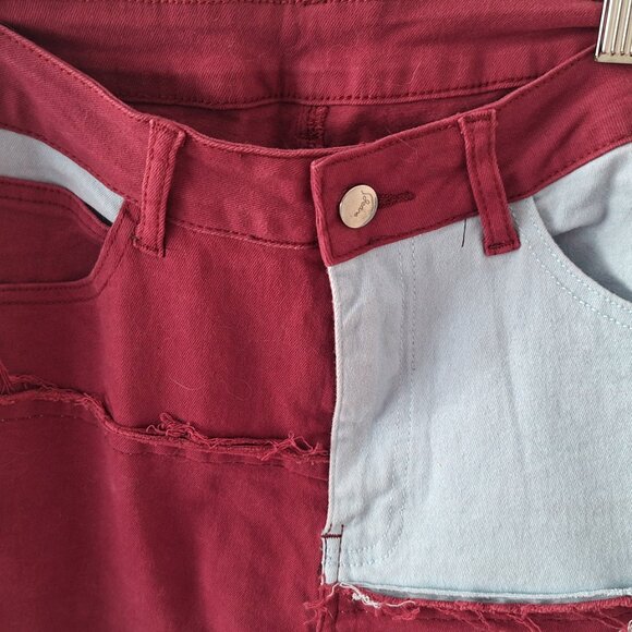 Women's Frayed Patchwork Jeans High Waist Denim Indigo Blue Red Pants Flare L/XL - Picture 2 of 4